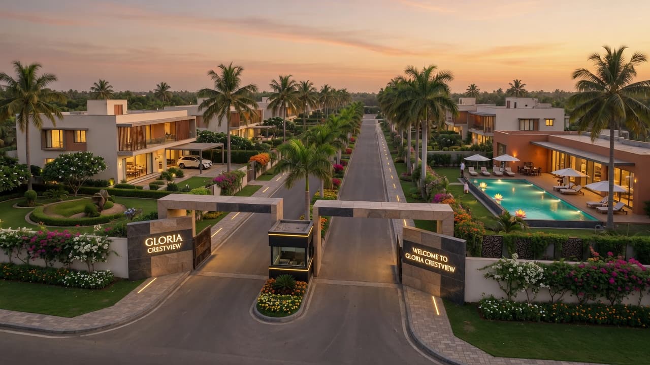 Gloria CrestView — premium gated entrance with landscaped boulevard and villas in Dholera