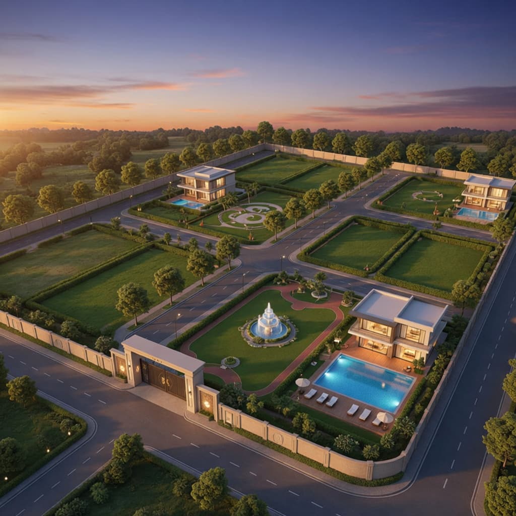 Landscaped community green — long-horizon real estate marketing